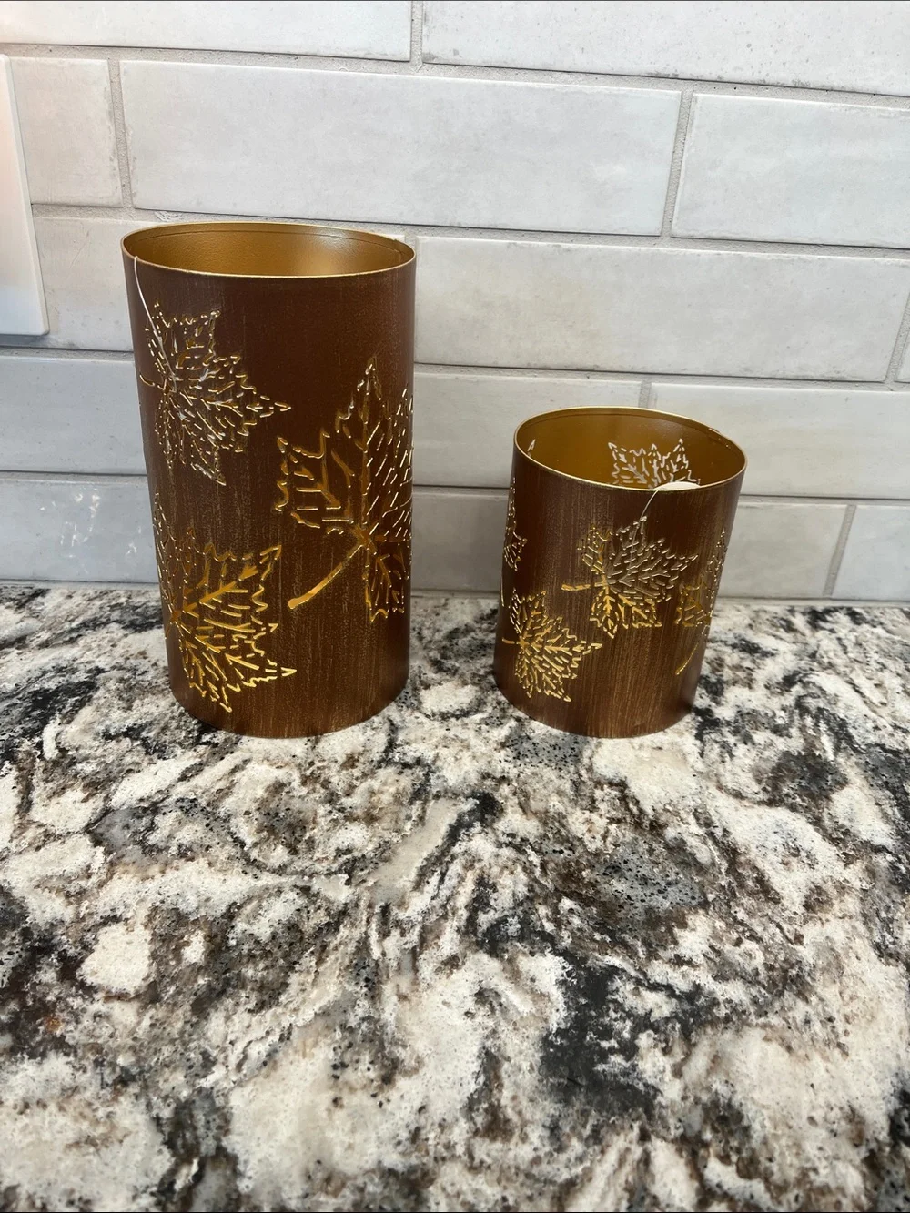 NEW Pair of Brown & Gold Leaf Metal Candle Holders